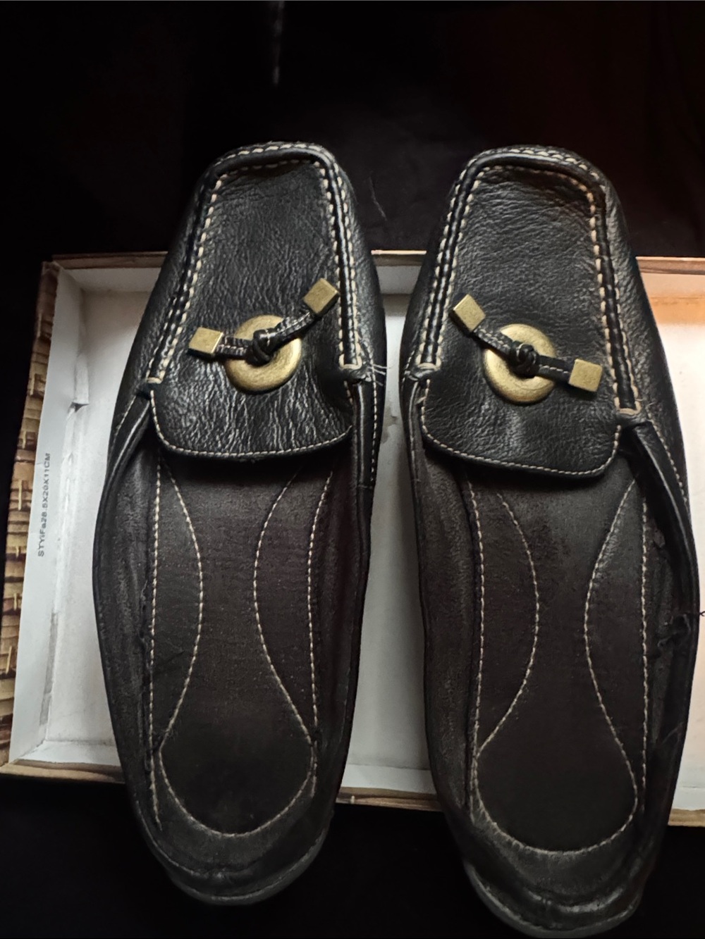 Mephisto Black Leather Slip-On Loafers with Brass Ring Detail